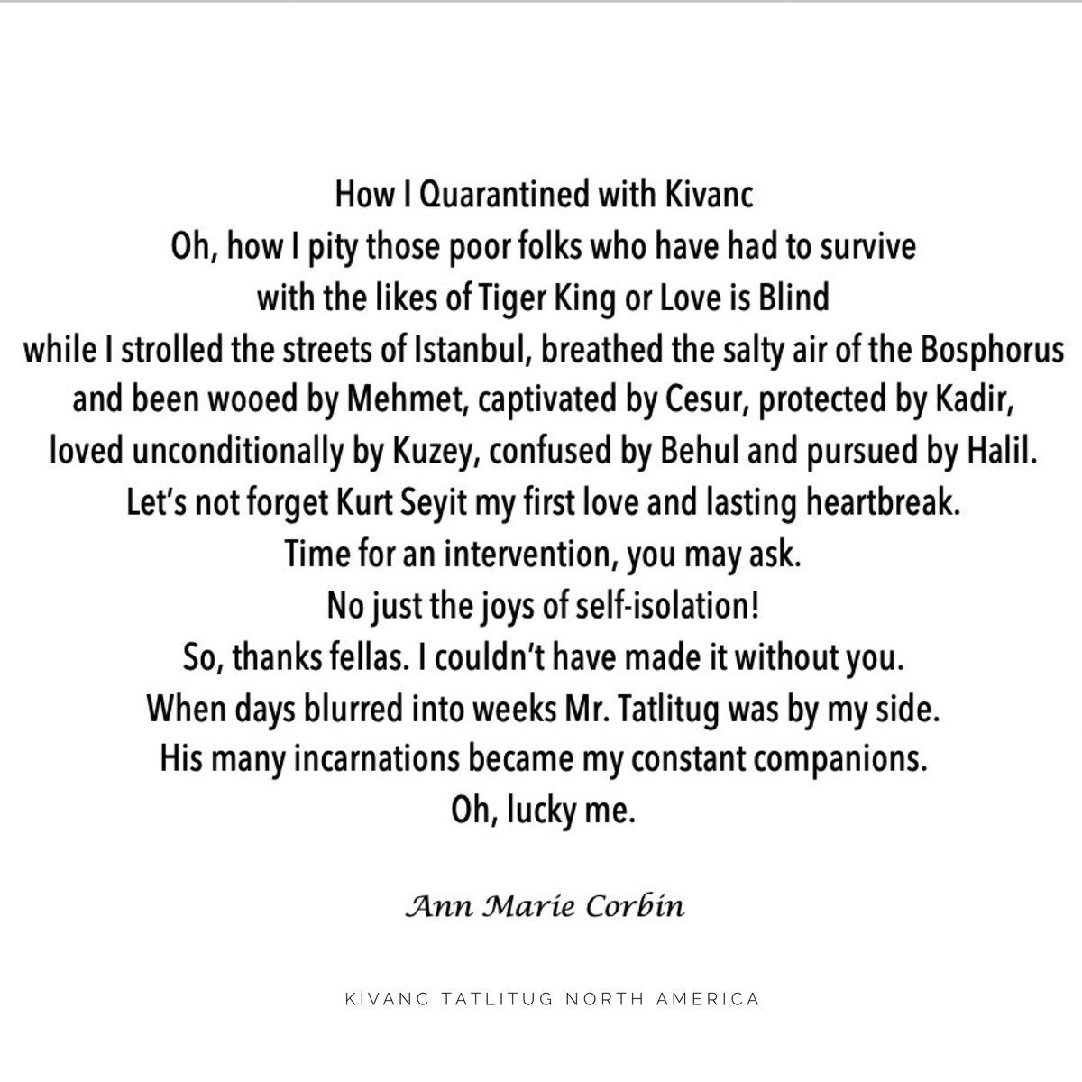 Going through confinement with the help of Kivanç’s characters. Day 2. 
•
Today’s testimony of gratitude and enjoyment. 
#KivancTatlitug #KıvançTatlıtuğ