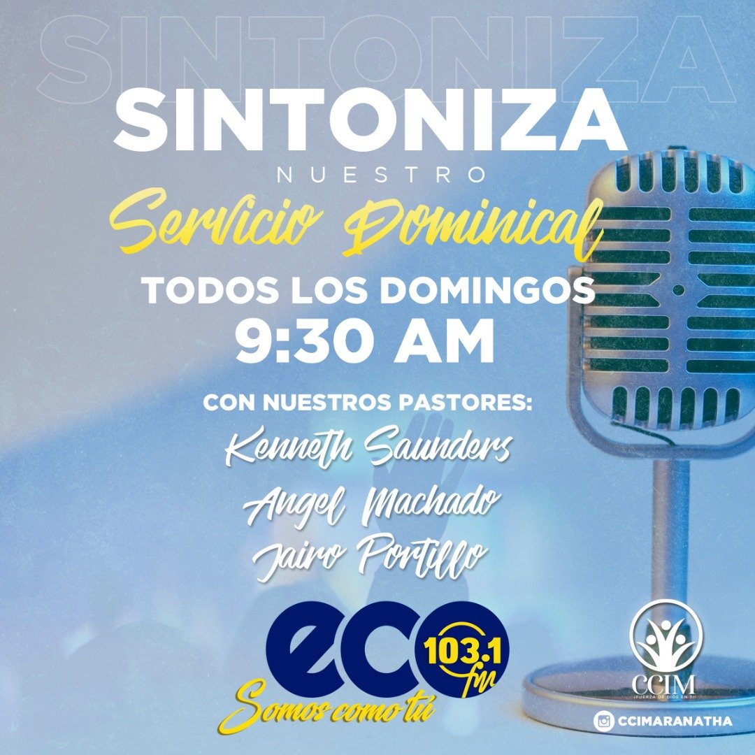 Disfruta de una refrescante palabra de parte de Dios, a través de Eco 103.1 FM o de la ecostereofm.com en nuestro Servicio Dominical hoy desde las 9:30 am #Somoscomotu #FuerzadeDiosenti