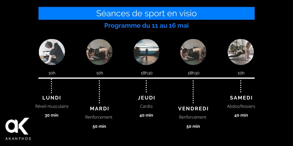Le confinement se termine mais on ne perd pas les bonnes habitudes et on se retrouve à partir de demain pour une nouvelle semaine sportive💪.

▶️Pour vous inscrire aux séances de la semaine, je vous invite à cliquer sur le lien suivant : akanthos.fr/produit/seance….