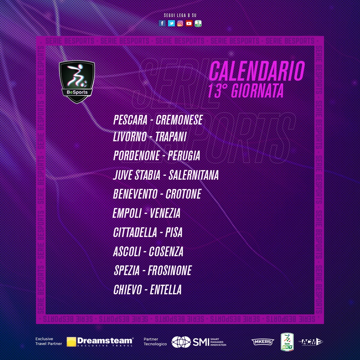 Lega_B's tweet photo. 🎮⚽ Questa sera alle 21:00 si giocano la 12^ e la 13^ giornata del campionato #BeSports, la 1^ lega virtuale della #SerieB creata con #DreamsTeamTravel #SMIConsulting #Mkers e #ACME_Communication giocata interamente su @officialpes.

📋 Queste le sfide di stasera https://t.co/1wrwaQUUoO