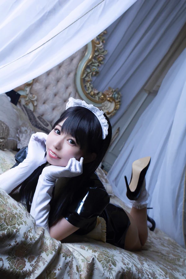 Madoka Tsukimiya,cosplay,latex maid,lying on bed