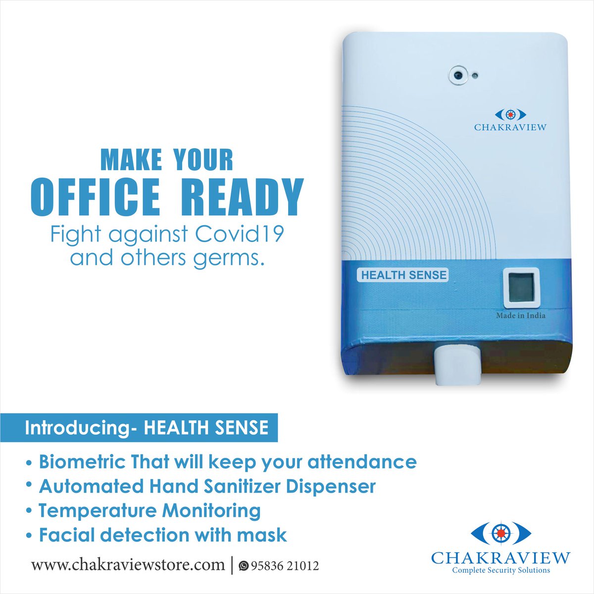 chakraview10's tweet photo. Fight against CORONA VIRUS with our all in one bio-metric 'Health Sense', having multiple feature like monitoring temperature dispensing hand sanitizer without touch and many more. 
Contact us for installation: 9583621012 https://t.co/efAox1SiXp