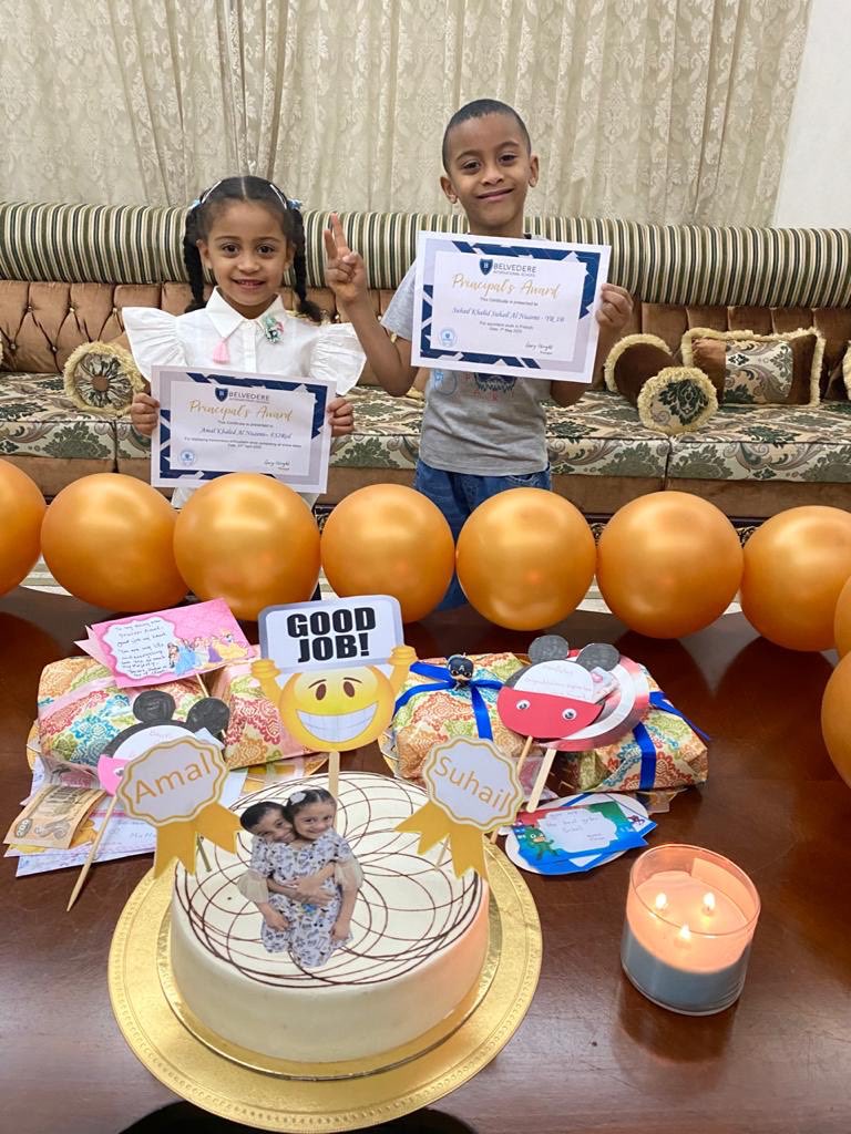 BelvedereInt's tweet photo. How lovely to start the week off with an image of Amal in FS2R and Suhail in 1B celebrating their Principal Awards together during Distance Learning #siblingsuccessatschool #BISdistancelearning #BIScommunity #alainuae #adek @ADEK_tweet https://t.co/TZ3HsMrJAm
