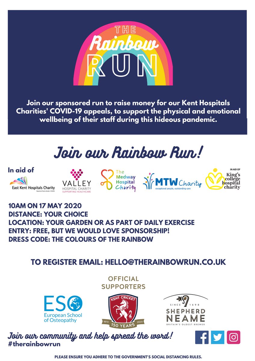 RainbowRun4's tweet photo. Dear people of Tunbridge Wells! Join our Rainbow Run on 17 May and raise money to support the wellbeing of NHS staff at @MTWnhs! ARE YOU IN? 🌈🌈🌈 @MtwCharity #TunbridgeWells #kent #nhs #NHSheroes https://t.co/xroAjvzMea