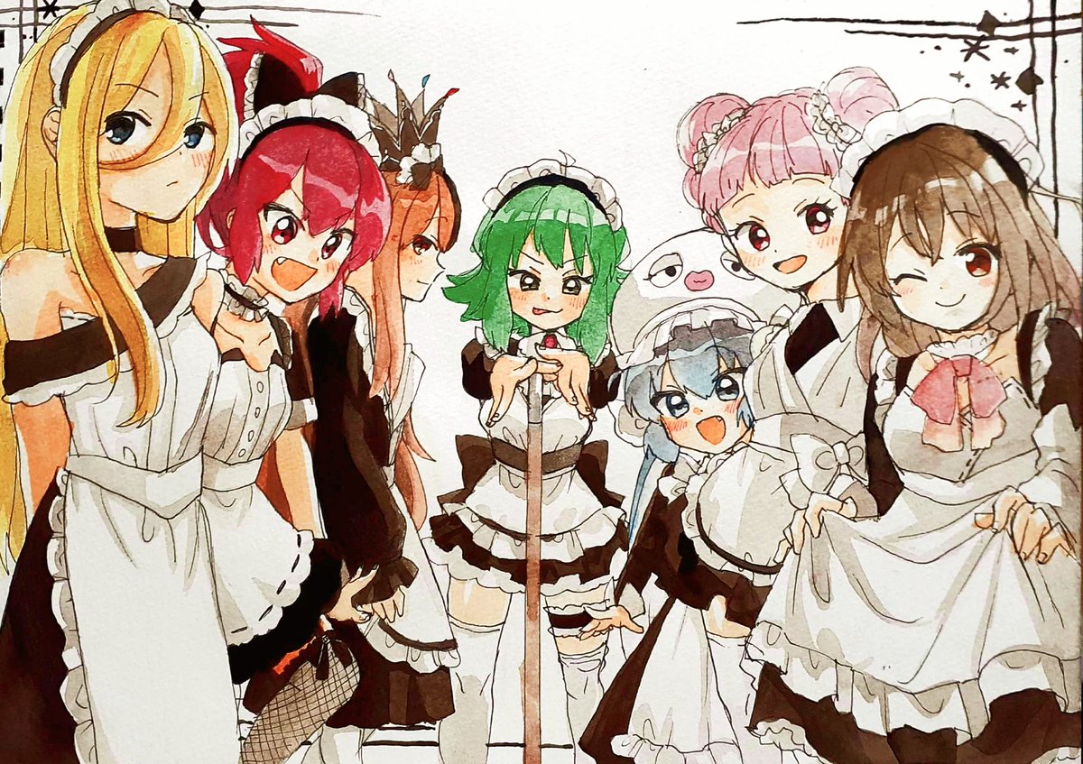 multiple girls maid 6+girls green hair maid headdress pink hair blonde hair  illustration images