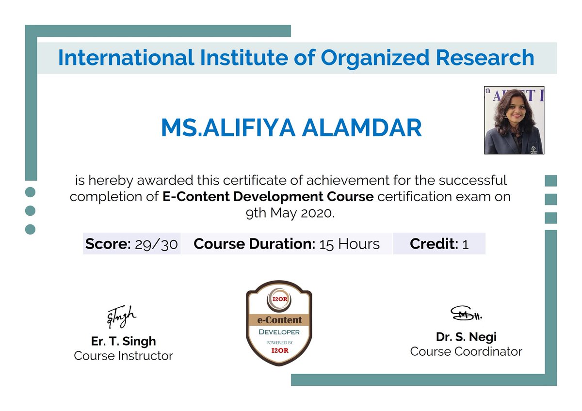 AlifiyaJAlamdar's tweet photo. During this time of lockdown got ample of opportunities to update myself to integrate technology in teaching.Thanks @amit_nfu, @singhtanvir_gt for the wonderful Online E-Content Development Course.
#SustainableCosmos #I2OR https://t.co/YMBRRCLcxb