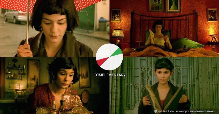 Penggunaan complementary color lain selain biru-oranye adalah red & green.Cantik banget warna ini di film Amèlie (2001) karya Jean-Pierre Jeunet.