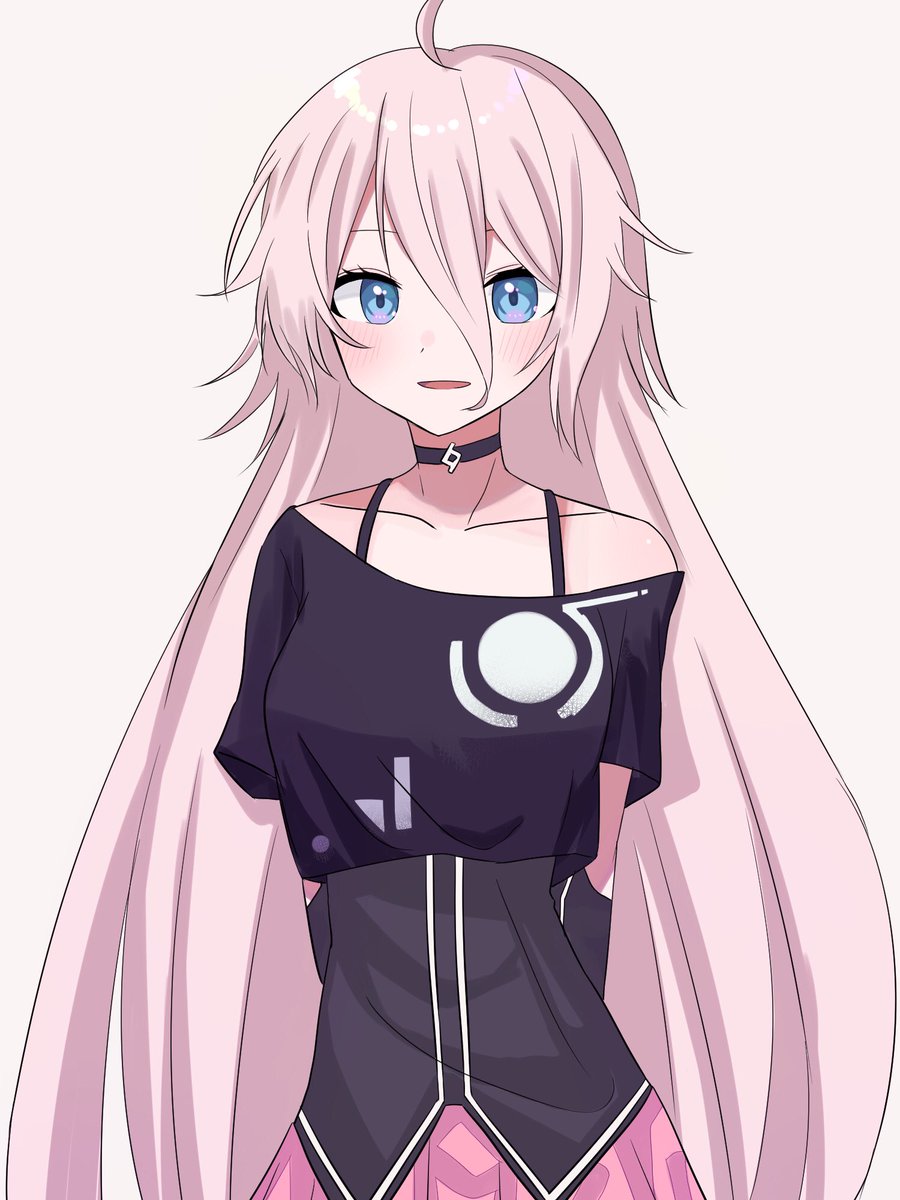 ia (vocaloid) 1girl pink skirt solo long hair skirt blue eyes black shirt  illustration images