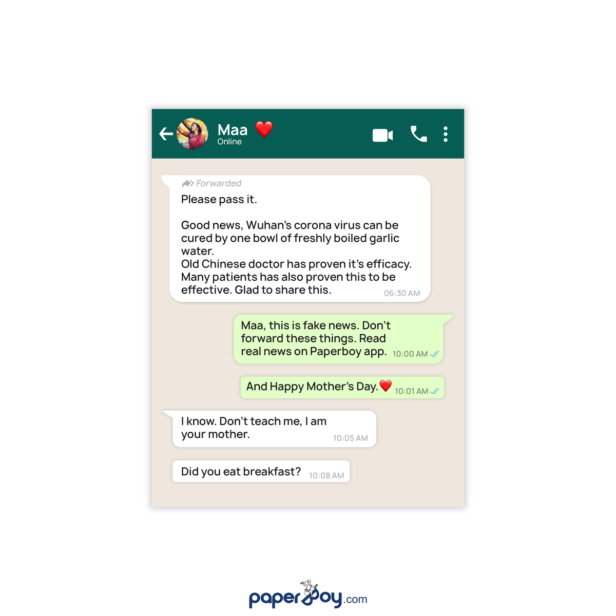 PaperboyOnline's tweet photo. Just as your mother protects you from everything, protect your mother from fake news. Happy Mother's Day.

#mothersday #mothers #mothersday2020 #mothersday2020🌷🌷 #motherhood #paperboy #PaperboyApp #awarnessredefined #मातृ_दिवस https://t.co/F0qg9l4PsM
