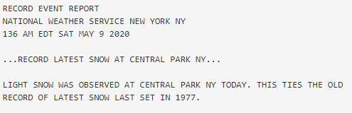 Snow in Central Park, in May? This clearly disproves  #GlobalWarming, and climate scientists will claim it’s “just” weather, right?Well, 1) No! and 2) Yes…and No!Lets dive into this! 1/n https://twitter.com/NWSNewYorkNY/status/1258996203271802882?s=20