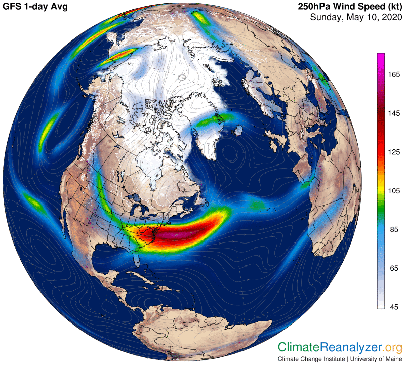 So as you see here, large parts of the Arctic are too warm, while the eastern US is too cold for this time of the year. Have a look to the right, where you see the 250hPa Wind speed, the jet stream. 7/n