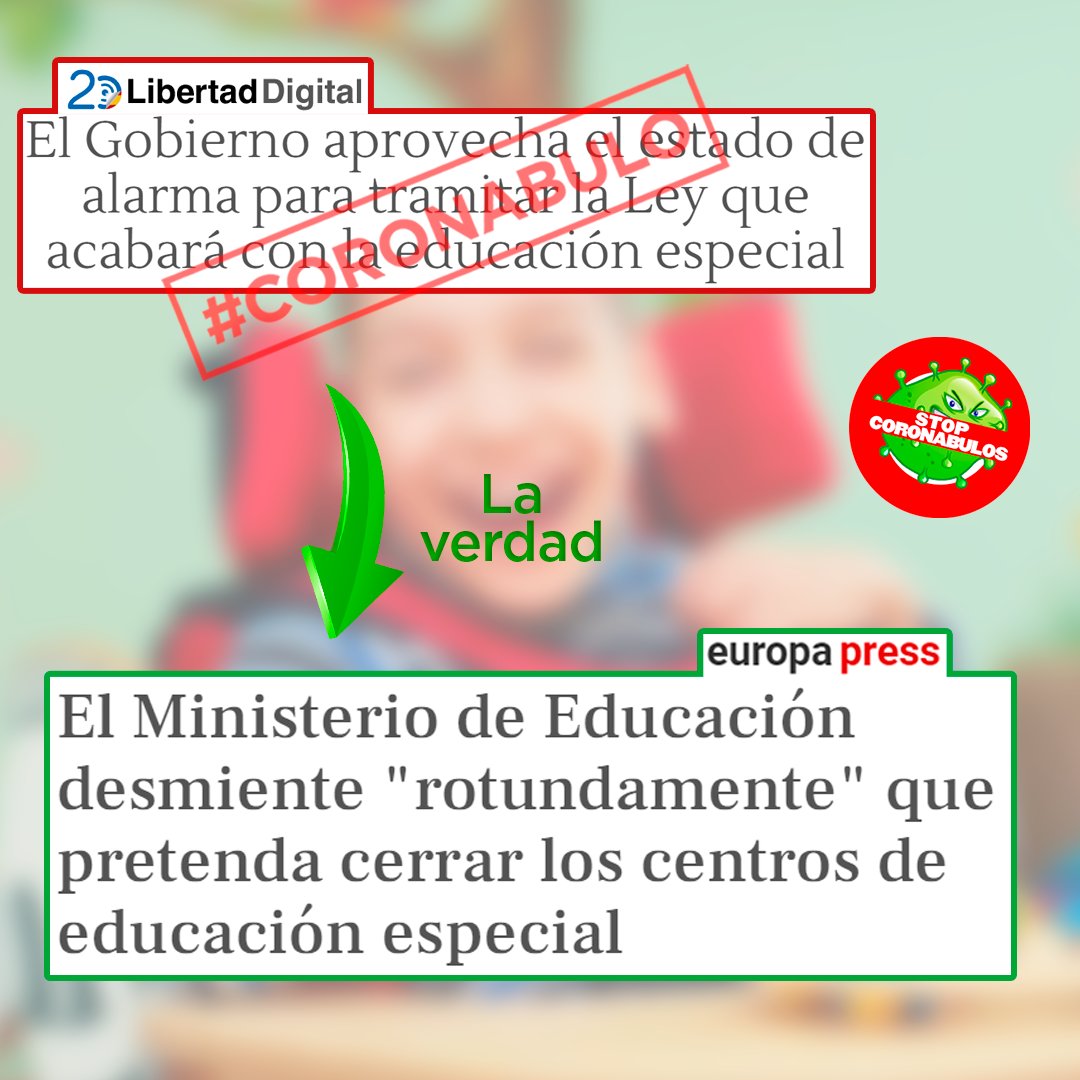 stopcoronabulos's tweet photo. ‼️¡#Coronabulo con la educación especial!

No, no se van a cerrar los centros de educación especial. La ley, previa al estado de alarma, apuesta por brindar recursos a los centros educativos ordinarios para que también puedan incorporar alumnado con discapacidad.

¡No piques! https://t.co/HDFPBxj8Qv