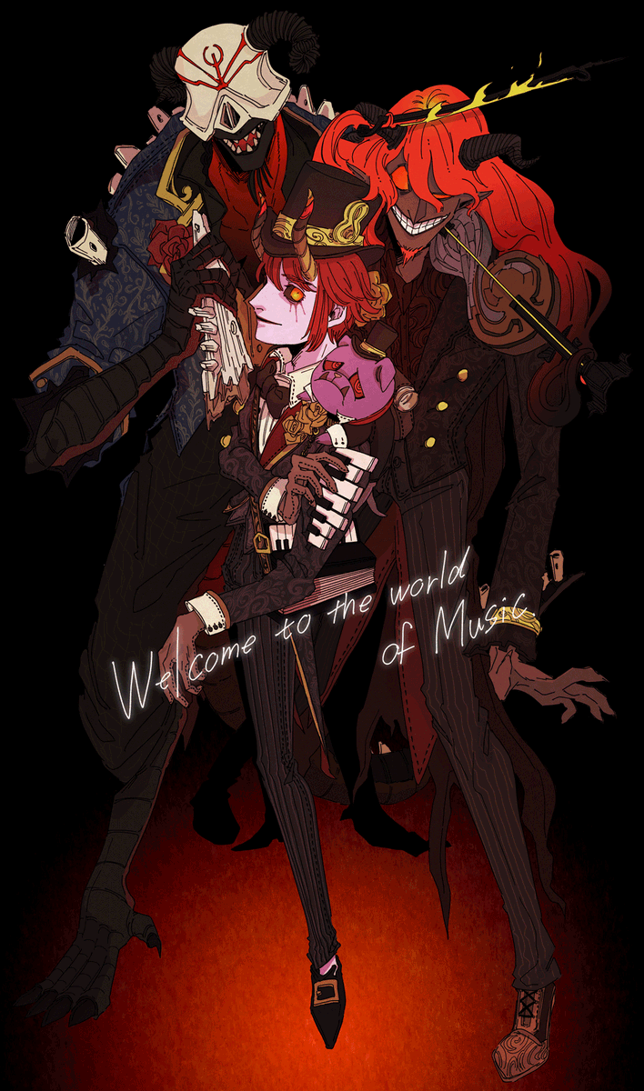 multiple boys horns red hair smile formal hat suit  illustration images