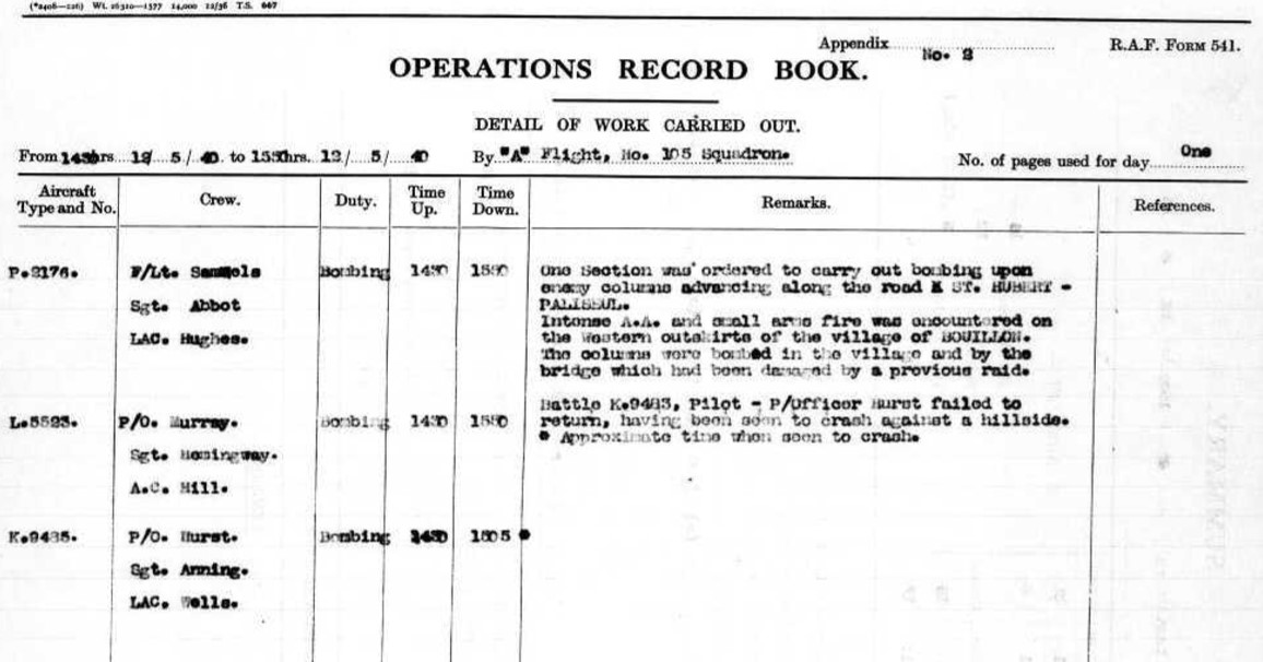 As resistance 2 the invasion continued, on the 12th 3 Fairey Battles of 105 squadron took off 2 attack the enemy. The mission succeeded but the last plane was shot down by flack from the ground, crashing on a hill outside Bouillon, killin the crew, which included my grandfather