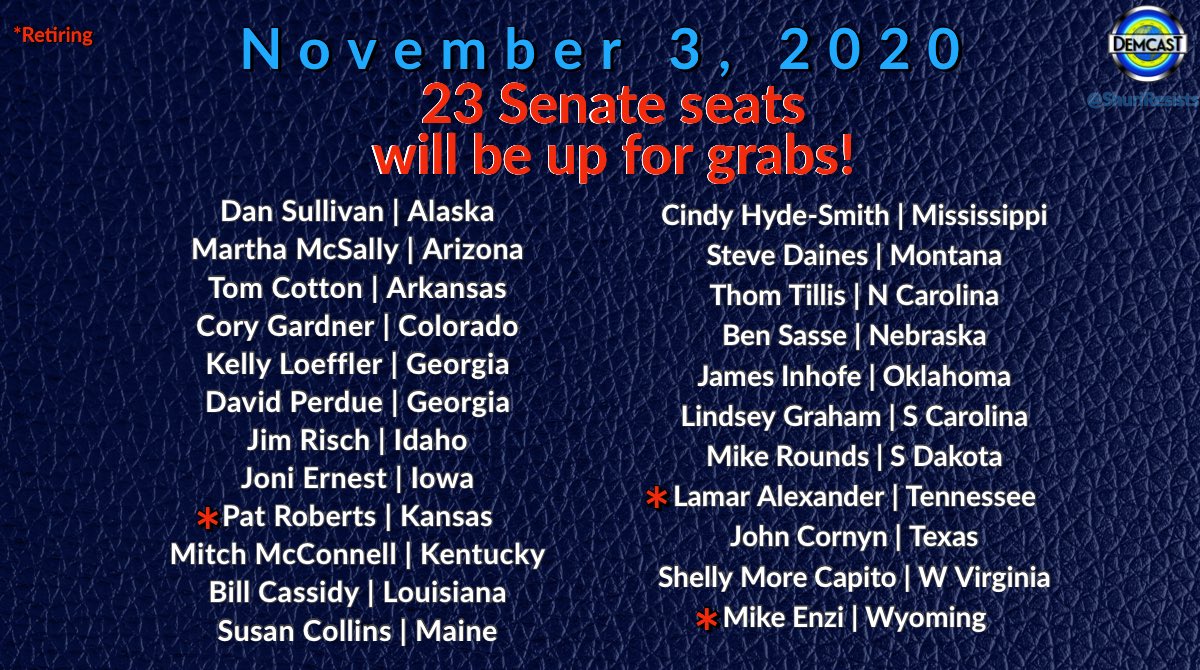  #TheResistance  #DemCast  #DemCastNH Read the article in the first tweet of this thread, you can find where to donate to any of these Candidates & find more about each oneAlso, check them out on Twitter & FBThere are 23 Repubs from 23 States running for re-election below.