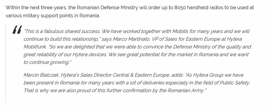 Romanian Military Picks Hytera Portable Radios with DMR Technology https://www.criticalcommunicationsreview.com/ccr/news/99366/romanian-military-picks-hytera-portable-radios-with-dmr-technology