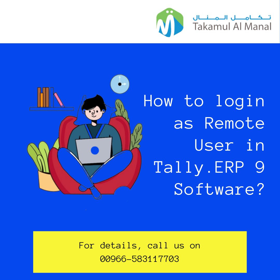 tallyprime1's tweet image. Login as a #RemoteUser and access data from any location. 

1. Start Tally.ERP 9.

2. Click &quot;L&quot;: Login as Remote Tally .NET User in the Startup screen.

3. Enter &quot;E-mail ID and Password&quot;

4. Press &quot;Enter&quot;.

To know more, call us on 00966-583117703.

We are happy to help you!