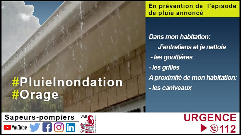SDIS83's tweet photo. [#METEO83] En prévision des précipitations annoncées avec le passage en #vigilancejaune #PluieInondation et #orage pour la fin de journée et la nuit à venir, les sapeurs-pompiers du #Var vous rappellent quelques conseils à suivre pour se préparer à l'événement. https://t.co/RSkf8TB7SV