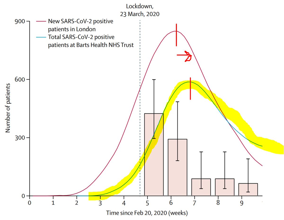 This next curve is the rate of people going into hospital with Covid.In most cases, they started with milder symptoms, and then deteriorated to the point they couldn't manage at home.So, understandably, there is a lag. Almost another week.