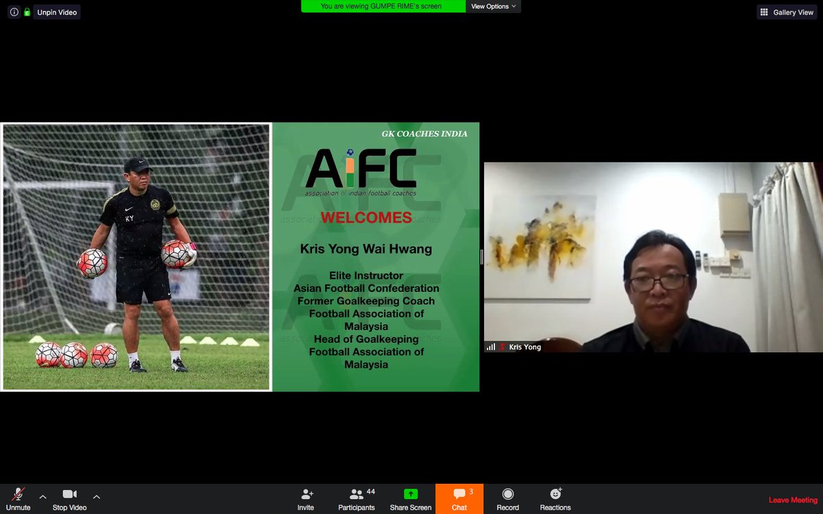theaifc's tweet photo. #AIFCWebinar for goalkeeping coaches across the country. Special guest Kris Yong Wai Hwang, @theafcdotcom Elite GK Instructor &amp; head of Goalkeeping Football Association Malaysia

Special thanks to our very own @gumpe for putting this together

#CoachEducation #indianfootball https://t.co/K0lOEarv3J