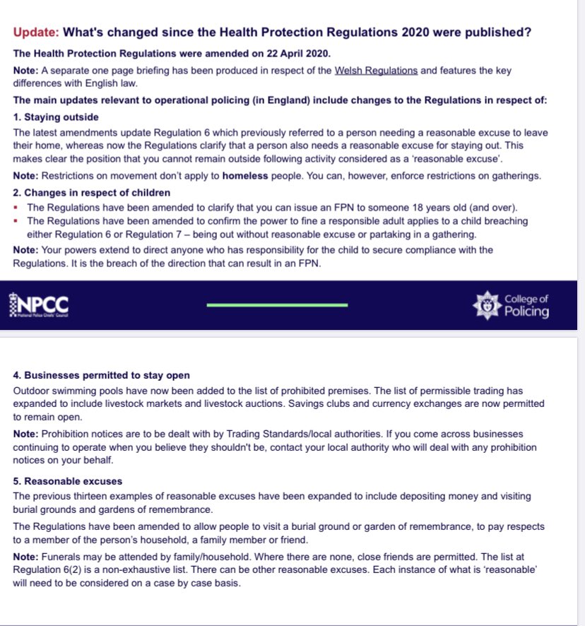 Just noticed the  @PoliceChiefs  @CollegeofPolice guidance on the lockdown regulations has been updated. It remains useful and sensible. It is here  https://www.college.police.uk/Documents/COVID-19-Policing-Brief-Health-Regs-280420.pdf /133