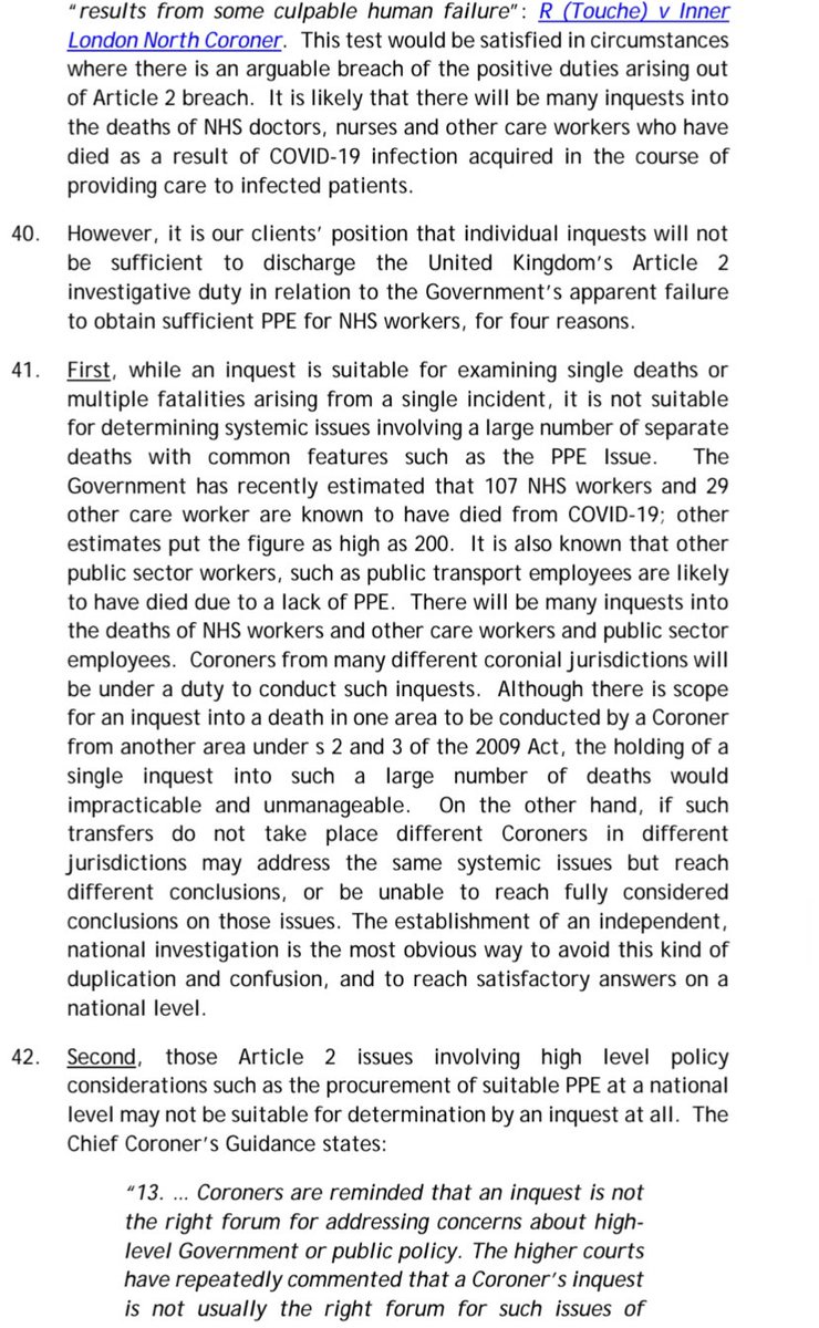 New threatened legal challenge by  @TheDA_UK  @GoodLawProject  @paulebowen calling for public inquiry into PPE shortages for medical professionals. Pre action letter worth reading to understand how the right to life investigation duty applies  https://www.dropbox.com/s/2ql632dssyxusgj/Pre-Action%20Protocol%20Letter%20Inquiry.pdf?dl=0 /134