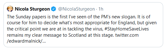 I want to know how the government has mishandled the last five days so badly? A slogan everyone is laughing at, an easing that now isn't, devolved leaders saying this won't apply to us. Not to diminish previous mistakes, but this is in the realms of chaos.  https://twitter.com/alanbeattie/status/1259408210538180610