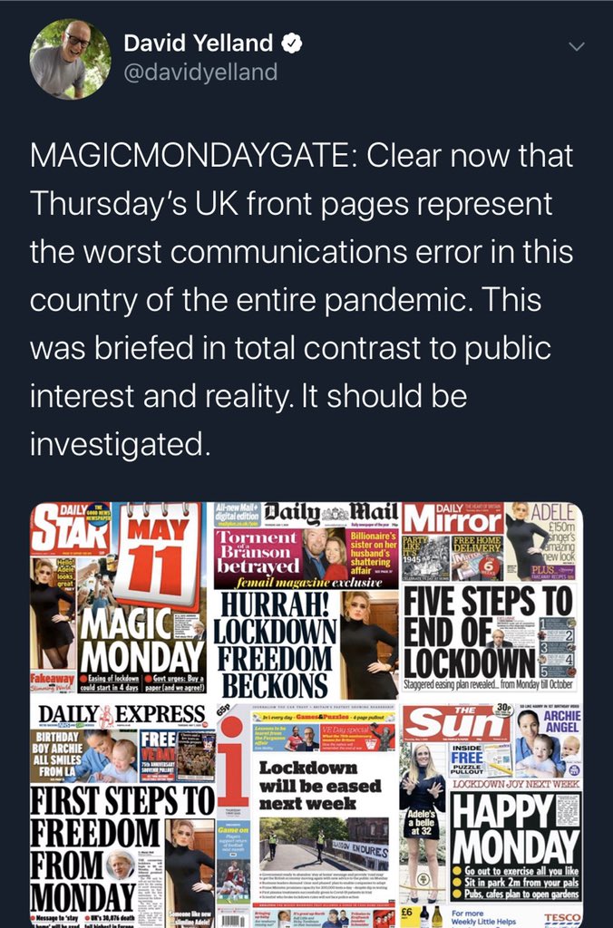 These two ex-tabloid editors know how the govt brief the media. @davidyelland asks “who briefed the papers?” & called for an investigation. @piersmorgan called it out three days ago saying it was “staggeringly confusing message”.But this has been the govt’s method all along.