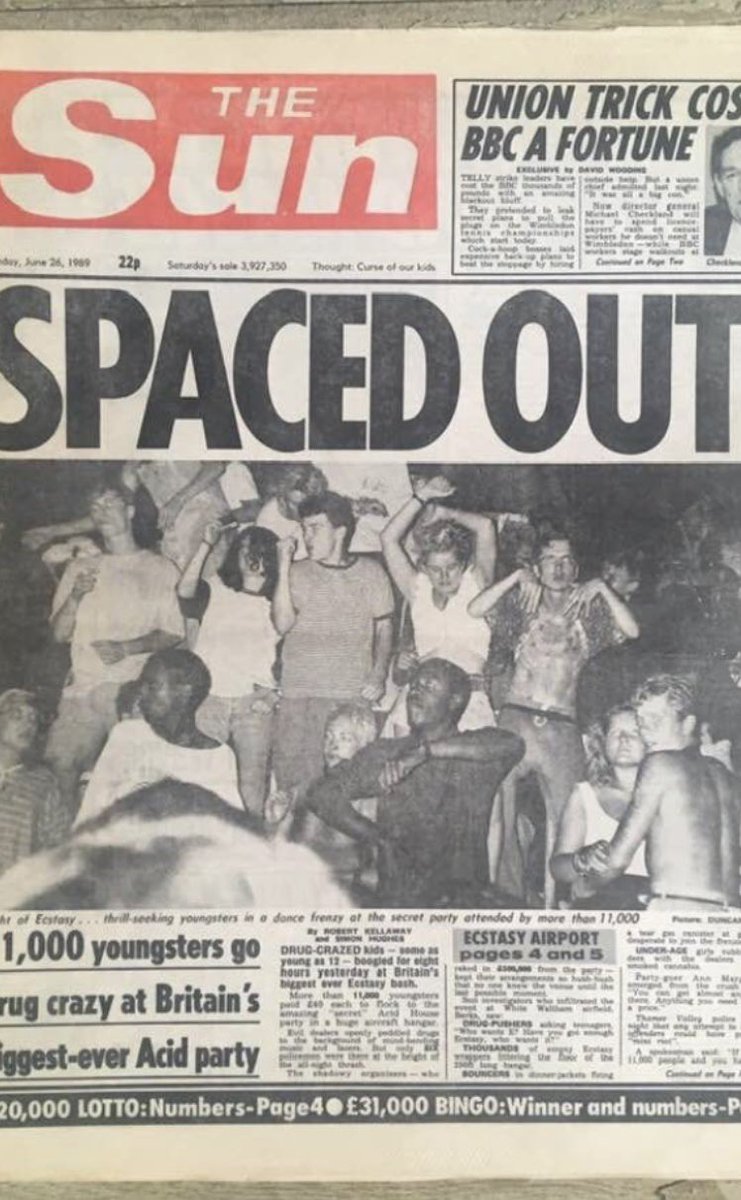 tracks_house's tweet image. Front page of the Sun - 24th June 1989. Acid House hits the headlines during Sunrises White Waltham airfield rave in Berkshire