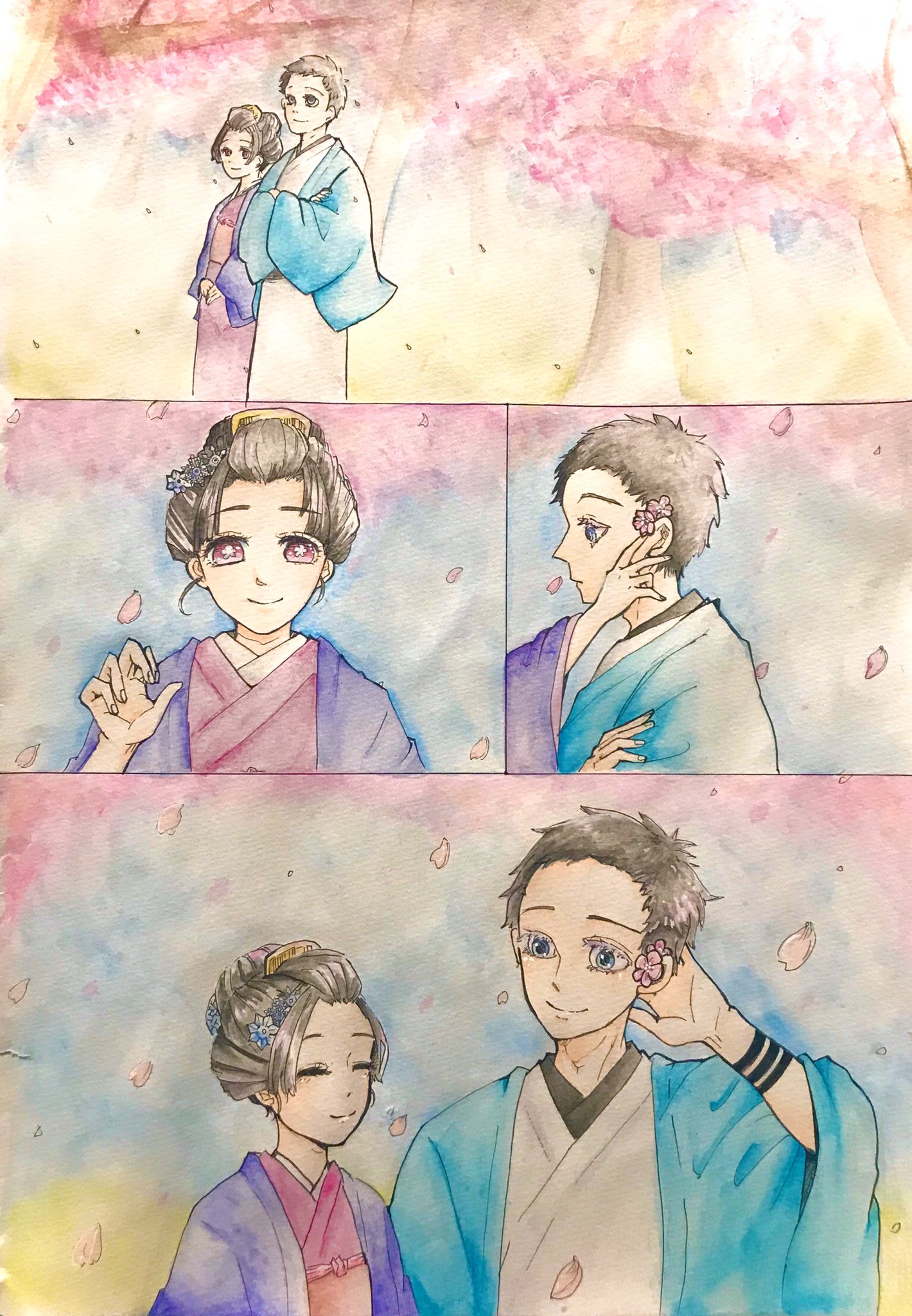 まの まだあげ初めし前髪の 林檎のもとに見えしとき 前にさしたる花櫛の 花ある君と思ひけり 初恋 島崎藤村 大好きな詩で狛恋が描けて満足なのです 林檎も季節感も無い 鬼滅の刃イラスト 狛恋 狛治 恋雪 アナログイラスト T Co