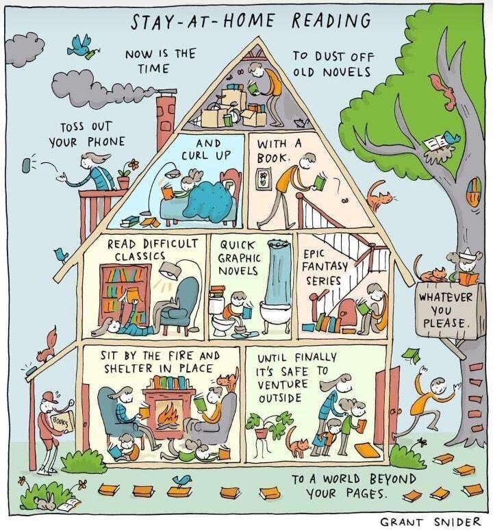 RandRBookshop's tweet photo. Stay-at-Home Reading - by Grant Snider. What's on your reading pile? #stayathomereading #lovebooks https://t.co/uUA8Sh3599