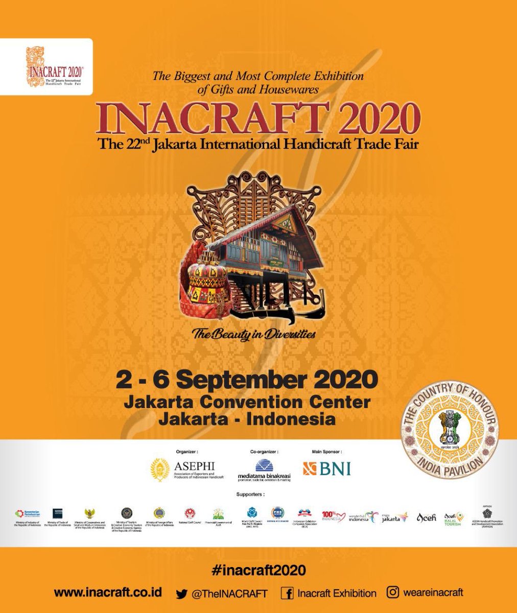 Dgn sgala prtimbangn &amp; optimisme yg kuat, kami ASEPHI &amp; PT Mediatama Binakreasi slaku plaksana Pameran #INACRAFT2020 mmutuskn plaksanaan #INACRAFT22nd pd 2-6 SEPTEMBER 2020. 
Kami akan trs memantau status pandemic jk diprlukn utk dlakukan pninjauan ulang.
#TheBeautyinDiversities
