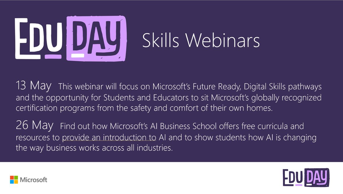 If you have students in FE or HE with time on their hands during lockdown - register for these webinars to find out about great, free, curriculum and certifications to boost their CV and employability 💜

👉 aka.ms/SkillsWebinar  13 May

👉 aka.ms/AIBSWebinar  26 May