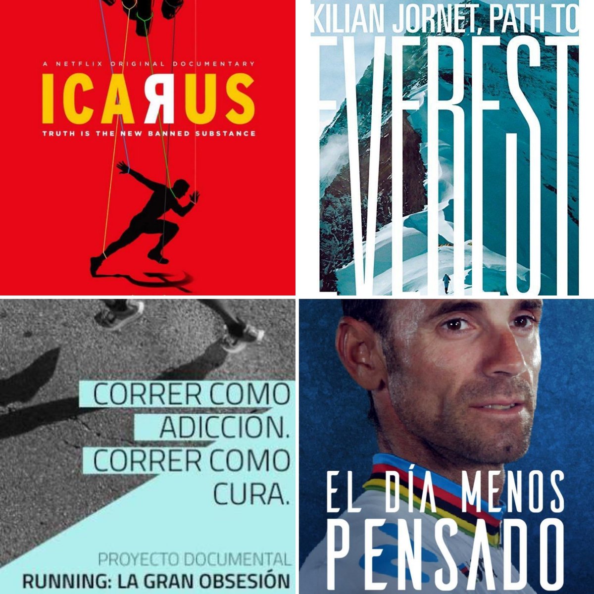 26millas's tweet photo. #Documentales que #NuestrosAtletas recomiendan:

Ícaro (Netflix).

Stop at Nothing: The Lance Armstrong Story (Netflix).

El día menos pensado (Netflix).

Kilian Jornet: Path to Everest.

Breaking2 (National Geographic).

Running, la gran obsesión (https://t.co/EFAzdAYFEb)

... https://t.co/xQzreIyqCD