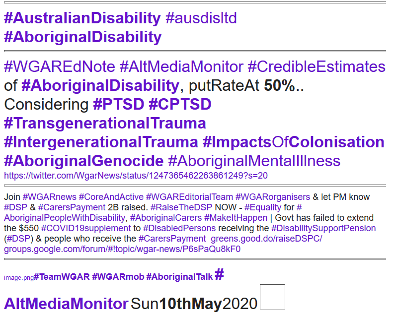 WgarNews's tweet photo. @RobRobbEdwards @3wombats @ausdisltd @lynlinking @RightsLGBTI @RachelQuayle08 @WhteRbbnAdvocat @anne_clothier @JonesHowdareyou @BakchosGlass @LadyPoop2 @billshortenmp #WGAREditorialComment #AltMediaMonitor #CredibleEstimates of #AboriginalDisabilityRateIs50percent considering #PTSD #CPTSD #ImpactsOfColonisation #AboriginalGenocide #TransgenerationalTrauma #IntergenerationalTrauma
https://t.co/Q3VFDXY1ry https://t.co/IB9Q0gQyCQ #WGARmob https://t.co/tuLWFqJVAB
