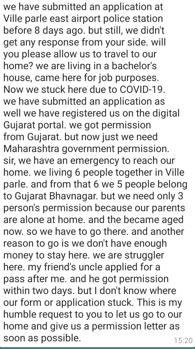 Chiranjeet8893's tweet photo. @manjunathsinge please help us out. we stuck here in ville parle. please give us permission 🙏 requesting you sir plz @SPBhavnagar @TimesNow @aajtak @narendramodi @MumbaiPolice @mybmc @OfficeofUT @uddhavthackeray @vijayrupanibjp @CollectorGnr @republic @PTI_News @ABPNews @ndtv https://t.co/EZ4o3TwZOn