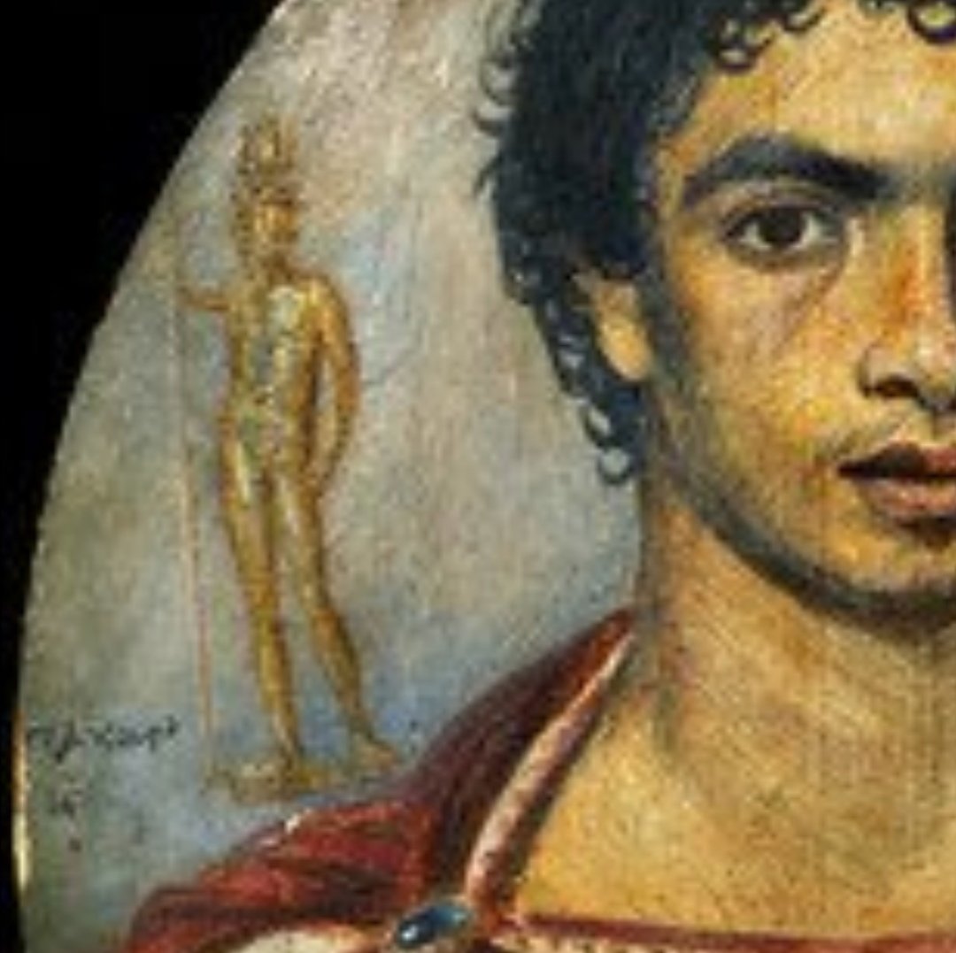 antinousgaygod's tweet photo. #Antinous hovers over the young man's shoulder holding a #thyrsus scepter of #Dionysus and wearing the #Egyptian #SWTY (Two Feathers) crown as he does on the #Obelisk of Antinous. "15 Pachon" (10 May) is written beside this, the only painting of #Antinoos: https://t.co/DeY2CYtc2h https://t.co/jC4C3c3rni