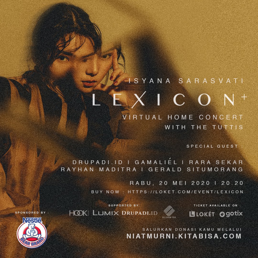 TADAAA!
“LEXICON+ Virtual Home Concert”
akan segera hadir! 
20 Mei 2020 | 20.20 

Sebuah konser virtual Isyana Sarasvati &amp; The Tuttis yang kami rancang khusus untuk para pendengar yang tercinta. Donasi dari sebagian penjualan tiket akan disalurkan melalui niatmurni.kitabisa.com