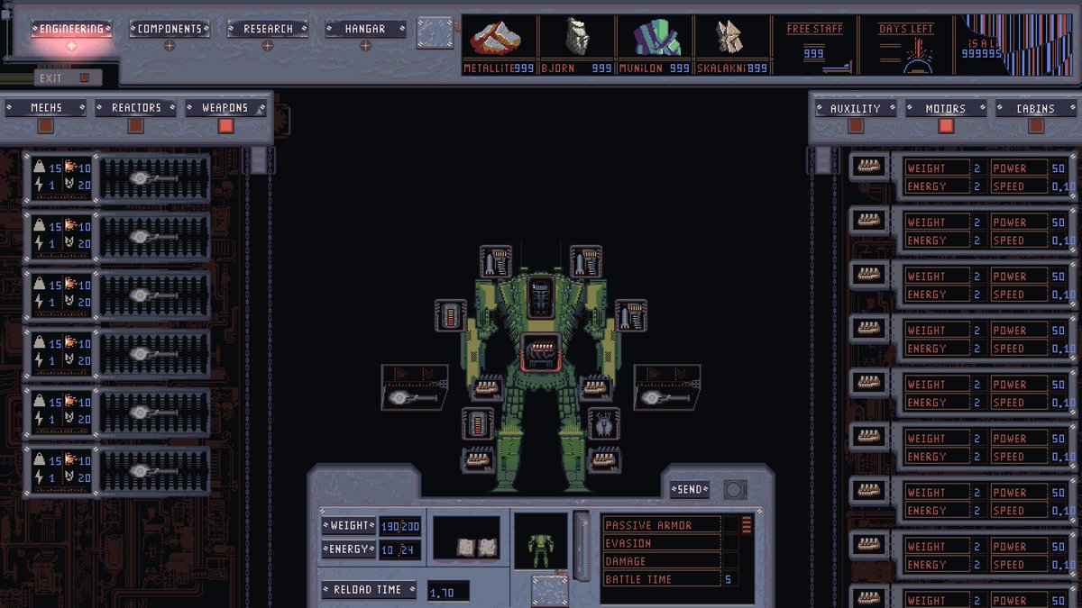 KiberKreker's tweet photo. "Mech Engineer"
For now, it's just prototype. You can place components to mech, activate it and send to hangar (need 4). Don't forget to activate reactor.
"TAB" will change colour.
"SHIFT+LMB" will instant move component to empty slot.
#indiedev #indiegamedev #indiegame
Link↓↓ https://t.co/QalLnn1uGq