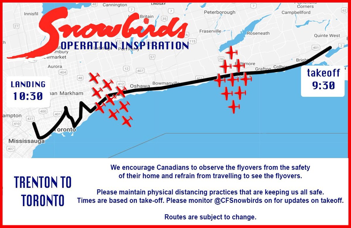CBCAlerts's tweet photo. Snowbirds to try Sunday flyover from Toronto to Trenton after yesterday's flight scrapped over weather conditions. Background story: https://t.co/hU5oKQ16DC https://t.co/dyXAAHxJRY