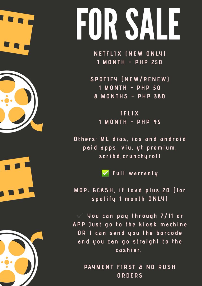 PremiumsPHL's tweet photo. FOR SALE

Netflix 
(1 month NEW) - Php 250

Spotify 
1 month NEW or RENEW - Php 50
8 months NEW or RENEW - Php 380

MOP: Gcash &amp; Load (+20 for 1 month Spotify, +30 for Netflix)

For proofs &amp; inquiries, dm me. 

Other premiums available!! See pic https://t.co/vNOZUqvUz6