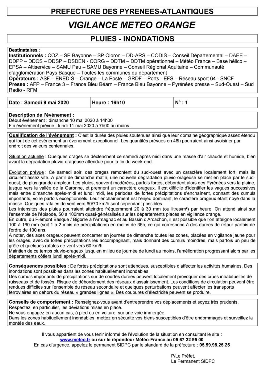 [Météo] Le <a href="/departement64/">Pyrénées-Atlantiques</a> est classé au niveau de #VigilanceOrange par <a href="/meteofrance/">Météo-France</a> pour le risque de pluies fortes et inondations ce dimanche 10 mai. Restez prudents ! vigilance.meteofrance.com #Jurançon #MaVille