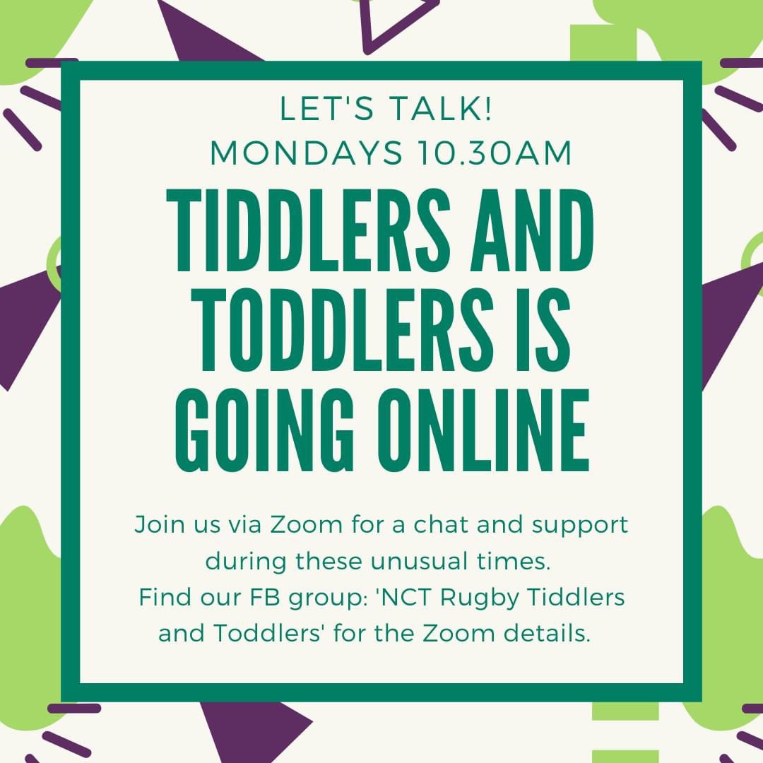 We're launching Tiddlers and Toddlers online! Starting 11/5 at 10.30. 

Join us with your little one(s) via Zoom for a chat and catch up 😁

The Zoom link will be posted in our closed Facebook group: facebook.com/groups/NCTRugb…