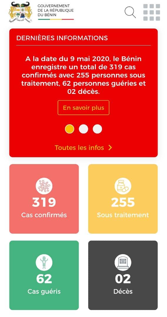 gouvbenin's tweet photo. #CORONAVIRUS- A la date du 9 mai 2020, le Bénin enregistre un total de 319 cas confirmés avec 255 personnes sous traitement, 62 personnes guéries et 02 décès. Ont été réalisés : 
- 11573 tests de PCR 
- 11235 Tests de Diagnostic Rapide (TDR) 
Point sur => 
https://t.co/Gp2wDJVRGj https://t.co/Pw5xod2gGK