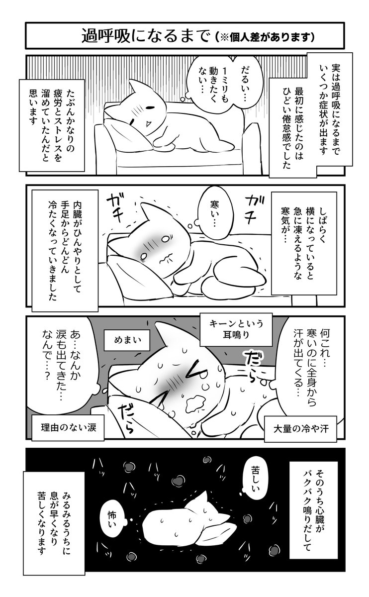 コロナ疲れで過呼吸を起こす人増えるんじゃないか…と思ったので描いてみました。
個人差があると思うのであくまで私の場合のお話です。 