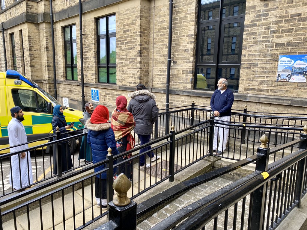 RebeccaQuayle2's tweet photo. What an honour to take this patient outside to see his family (distanced) for the first time in 7 wks. He’s had a long stay on ICU with covid-19. He gives his permission for me to share this pic &amp; to share his thanks to all @BTHFT for their excellent care especially the ICU stars https://t.co/sqrORd49Uj