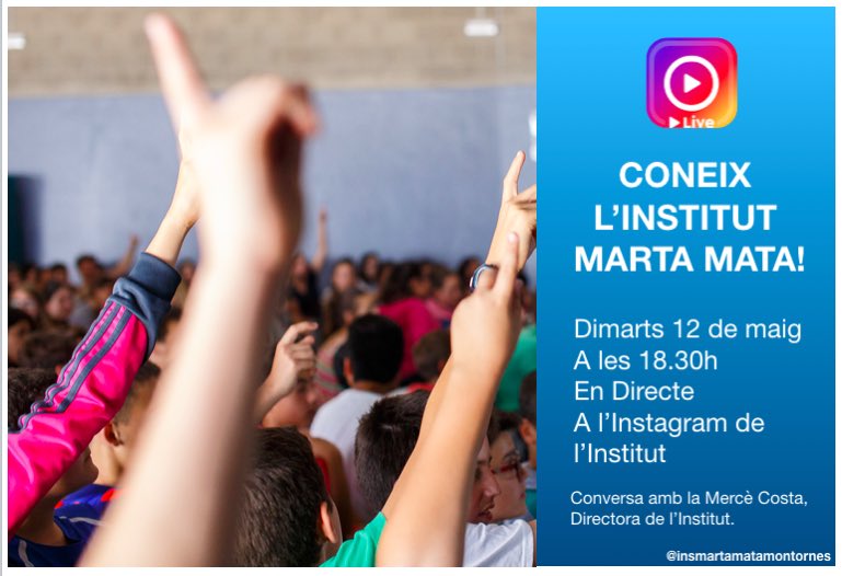 insmartamata's tweet photo. Si voleu conèixer millor l’Institut, el proper dimarts 12 de maig a les 18.30h compartirem una estona en directe a través d’Instagram. Us hi esperem! #portesobertesvirtuals https://t.co/CvXrQDrIF3