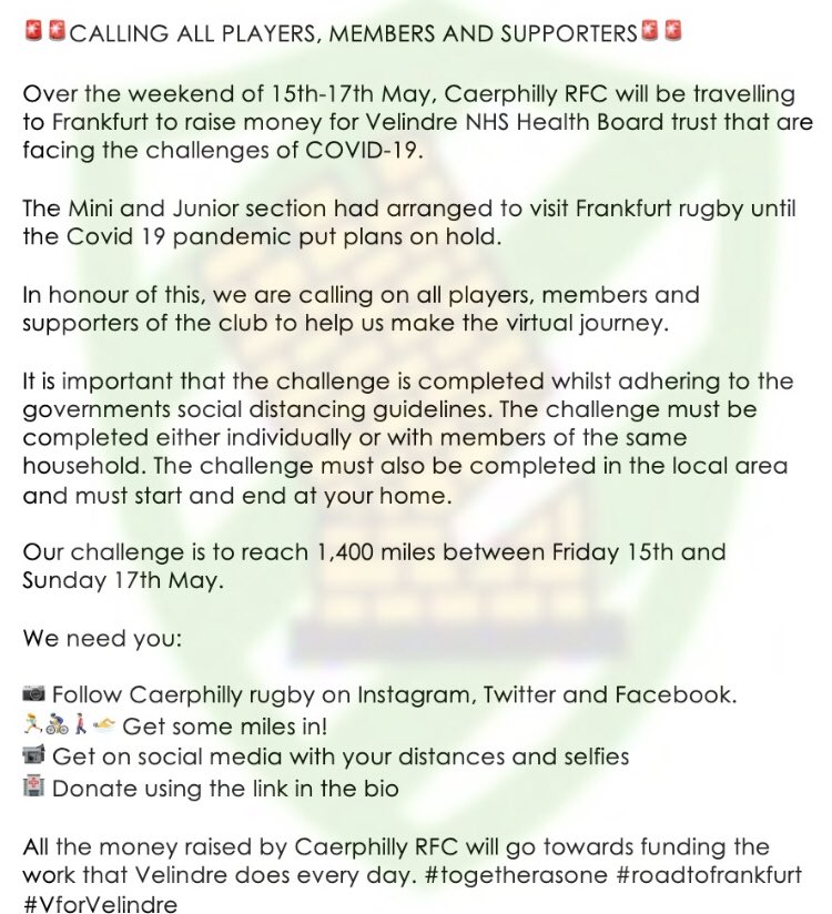Caerphilly RFC will be undertaking a virtual challenge between 15th and 17th May to raise money to support <a href="/VelindreTrust/">Velindre University NHS Trust</a>. Please support us using the link below.

gofundme.com/f/caerphilly-r…