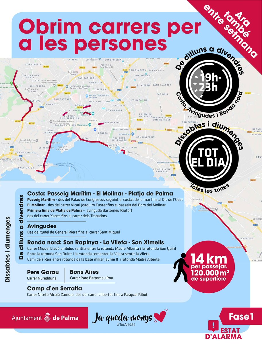 🕑 Obrim els carrers de Palma a la ciutadania, ara també entre setmana amb 13 km de 19h a 23h

🏃‍♀️🚴‍♂️ És una meravella passejar i fer esport per Palma sense circulació i renou, tranquils, mantenint la distància de seguretat

❗Gaudeix de la teva ciutat❗
#PalmaOberta
