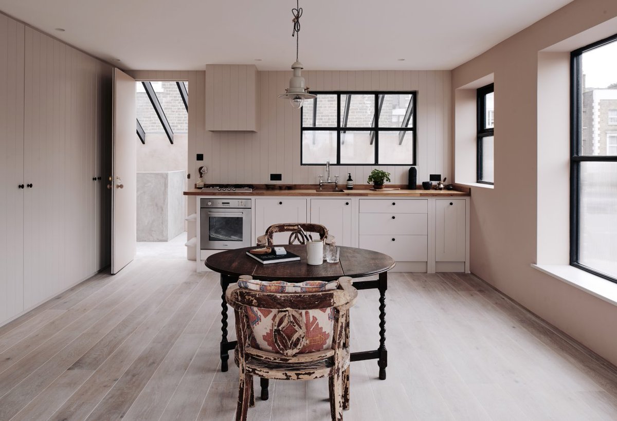 Each apartment has a similar layout to the other. The striking features are the well fitted kitchen, coupled with minimal calming materials. Lime-washed oak floors give the room a serene feel.